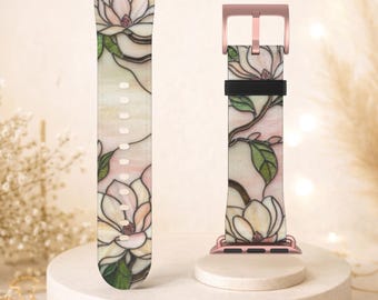 Magnolia Stained Glass Apple Watch Band, Faux Leather Floral Watch Strap, Watch Band Gift, Series 9 8 7 6 5, 38- 41mm, 42 -45 mm