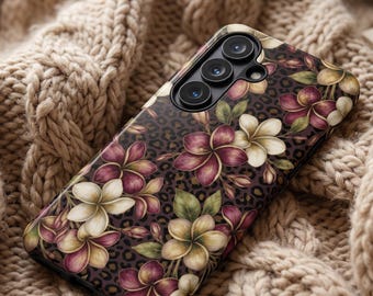 Moody Floral Leopard Phone Case | Dark Botanical Plumeria Case | Vintage Tropical Aesthetic, Samsung Galaxy S26 S25 S24, iPhone 17 16 15 14