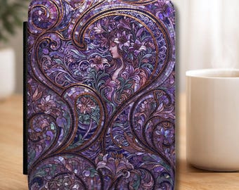 Dark Fantasy Stained Glass Kindle Cover, Art Nouveau Purple Lilies Ereader Case, Whimsical Mosaic Bookish Gift for Her, Kindle Paperwhite 7"