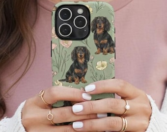 MagSafe Tough Phone Case, Long hair Dachshund Dog Floral Pattern Phone Case | Doxie Tough Magnetic Case iPhone 17 Air, 16 15 14 Pro max