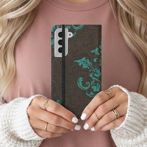 Teal Damask Flip Phone Case | Phone Wallet Dark Western pattern, Vegan Leather iPhone 16 15 14 13 Pro Max, Samsung Galaxy S25 S24 S23 Ultra