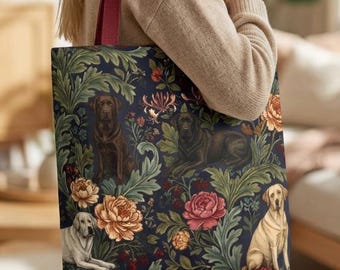 Cottagecore Labrador Retriever Tote Bag, William Morris Inspired Canvas Bag, Dark Botanical Lover Gift, Aesthetic Yellow Black Lab Mom Tote