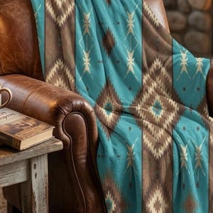 Southwestern Turquoise Blanket | Rustic Boho Fleece Sherpa Throw, Cozy Western Tribal Pattern Bedding