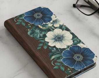 Wallet Flip Phone Case, Floral and Wood Design, Flip Cover for iphone 17 16 15 14 or Samsung S25 S24 S23