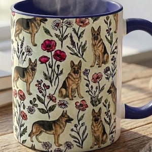 German Shepherd Floral Accent Coffee Mug, 11oz & 15oz, German Shepherd Tea Cup Gift