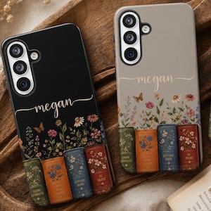 Personalisierte Bookish Handyhülle, Floral Buch-Liebhaber Geschenk | Vintage CottagecoreLibrary Cover, Samsung S26 S25 S24, iPhone 17 16 15 Pro Max