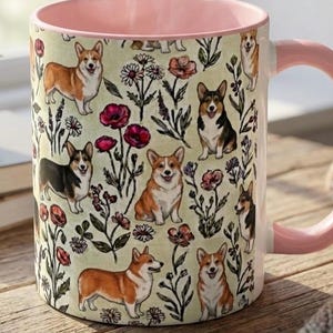 Corgi Floral Accent Coffee Mug, 11oz & 15oz, Welsh Corgi Tea Cup Gift for Dog Mom or Dog Dad