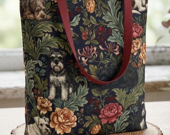 Cottagecore Mini Schnauzer Tote Bag, William Morris Inspired Canvas Bag, Dark Botanical Lover Gift, Aesthetic Miniature Schnauzer Mom Tote