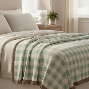 Coperta in cotone intrecciato verde a quadretti – Coperta da divano a quadri, copriletto con bordi sfrangiati
