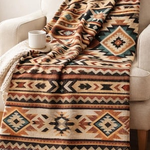 Southwestern Woven Throw Blanket, Aztec Geometric Fringe Blanket, Boho Western Couch Throw, Rustic Cabin Decor, Earth Tone Housewarming Gift