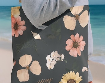Graue Blumen Canvas Einkaufstasche, umweltfreundliche Strandtasche, Damenumhängetasche Geldbörse