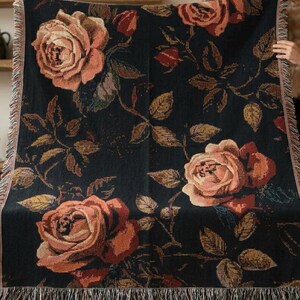 Vintage Dark Floral Woven Blanket, Gothic Rose Throw, Cottagecore Tapestry Blanket, Moody Botanical Decor, Boho Floral Couch Throw