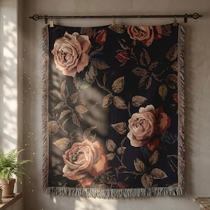 Vintage Dark Floral Woven Blanket, Gothic Rose Throw, Cottagecore Tapestry Blanket, Moody Botanical Decor, Boho Floral Couch Throw