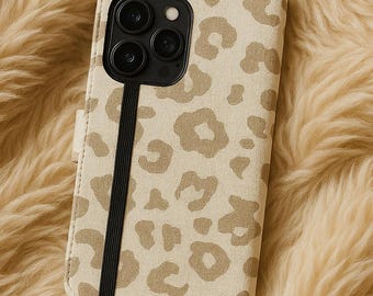 Beige Leopard Print Flip Wallet Phone Case | iPhone, Samsung Card Holder Stand Case, iPhone 16 15 14 Pro max, Samsung Galaxy S25 S24 S23
