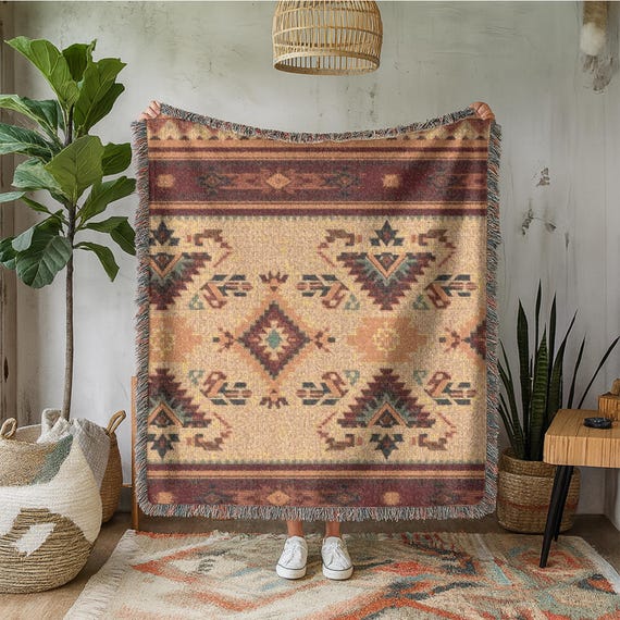 Southwestern Aztec Woven Blanket | Fringe Tapestry Throw, Tribal Decor Throw Blanket Bedding