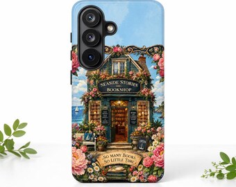 Book Lover Bookish Tough Phone Case, Floral Seaside Bookshop Phone Cover, Teacher Gift For Reader, Samsung S26 S25 S24, iPhone 17 16 15