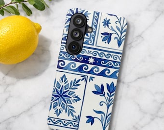 Amalfi Coast Blue Tile Tough Phone Case, Floral Chinoiserie Mosaic Phone Cover, Portuguese Azulejos, Samsung Galaxy S26 S25, iPhone 17 16 15