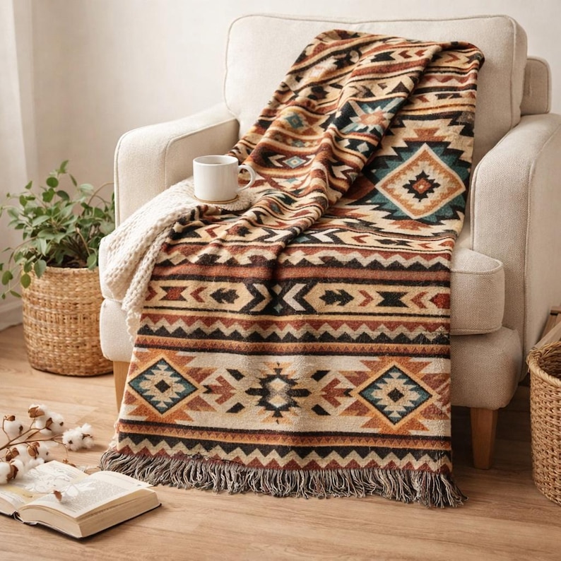 Southwestern Woven Throw Blanket, Aztec Geometric Fringe Blanket, Boho Western Couch Throw, Rustic Cabin Decor, Earth Tone Housewarming Gift