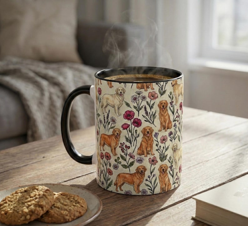 Golden Retriever and floral pattern coffee mug.