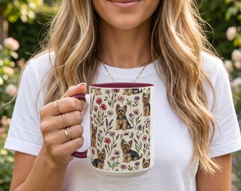 Yorkie Floral Coffee Mug, Yorkshire Terrier Accent Coffee Cup,  Dog Mom Wine Gift, Botanical Dog Lover Tumbler Mug, Wildflower Dog Tea Cup