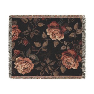 Vintage Dark Floral Woven Blanket, Gothic Rose Throw, Cottagecore Tapestry Blanket, Moody Botanical Decor, Boho Floral Couch Throw
