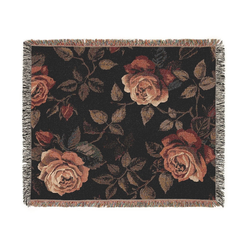 Vintage Dark Floral Woven Blanket, Gothic Rose Throw, Cottagecore Tapestry Blanket, Moody Botanical Decor, Boho Floral Couch Throw