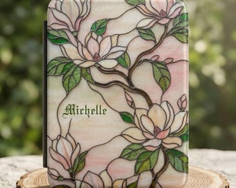 Personalized Stained Glass Magnolia Kindle Colorsoft Case | Monogrammed Ebook Cover, Art Nouveau Flower Kindle Paperwhite 7", Bookish Gift