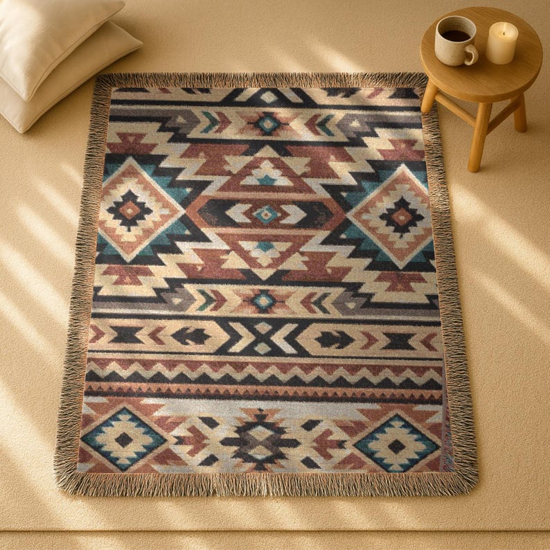 Southwestern Woven Throw Blanket, Aztec Geometric Fringe Blanket, Boho Western Couch Throw, Rustic Cabin Decor, Earth Tone Housewarming Gift