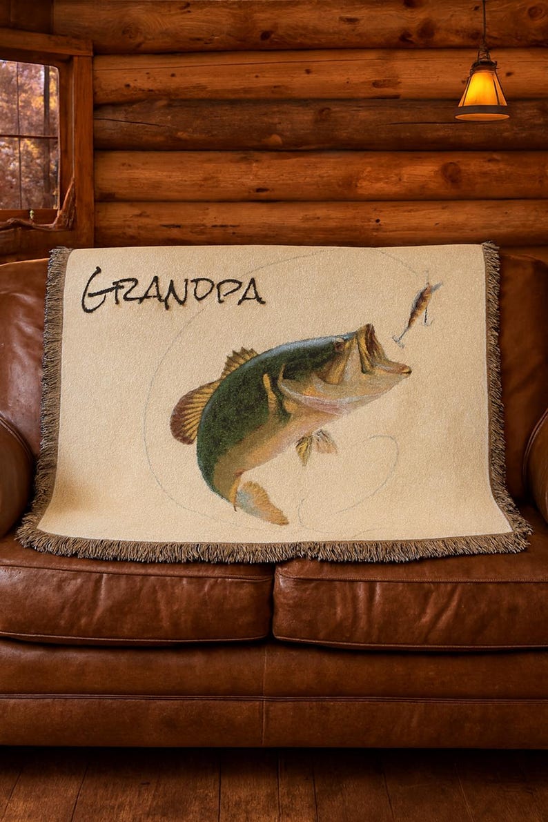 Personalized Bass Fisher Fly Fishing Blanket Woven Blanket | 100% Cotton Fishing Throw Custom Gift for Grandpa, husband, dad, brother