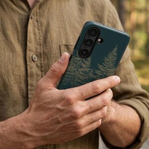 May include: A teal phone case featuring a nature-inspired design of two pine trees in a gold color. The case has a triple-lens camera and is held in a person's hands.