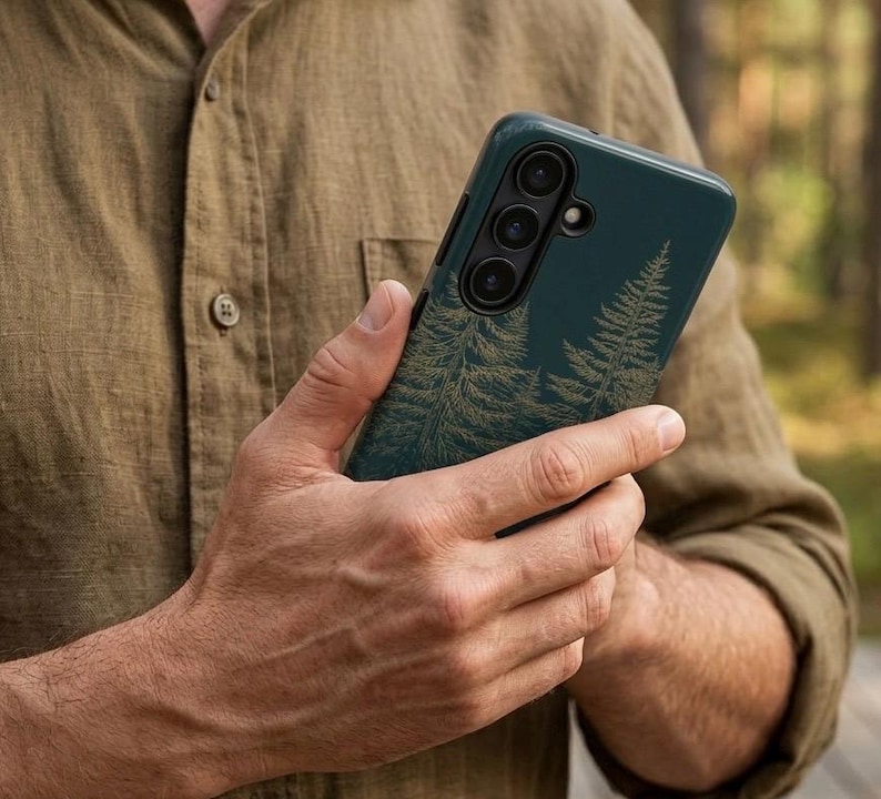 May include: A teal phone case featuring a nature-inspired design of two pine trees in a gold color. The case has a triple-lens camera and is held in a person's hands.