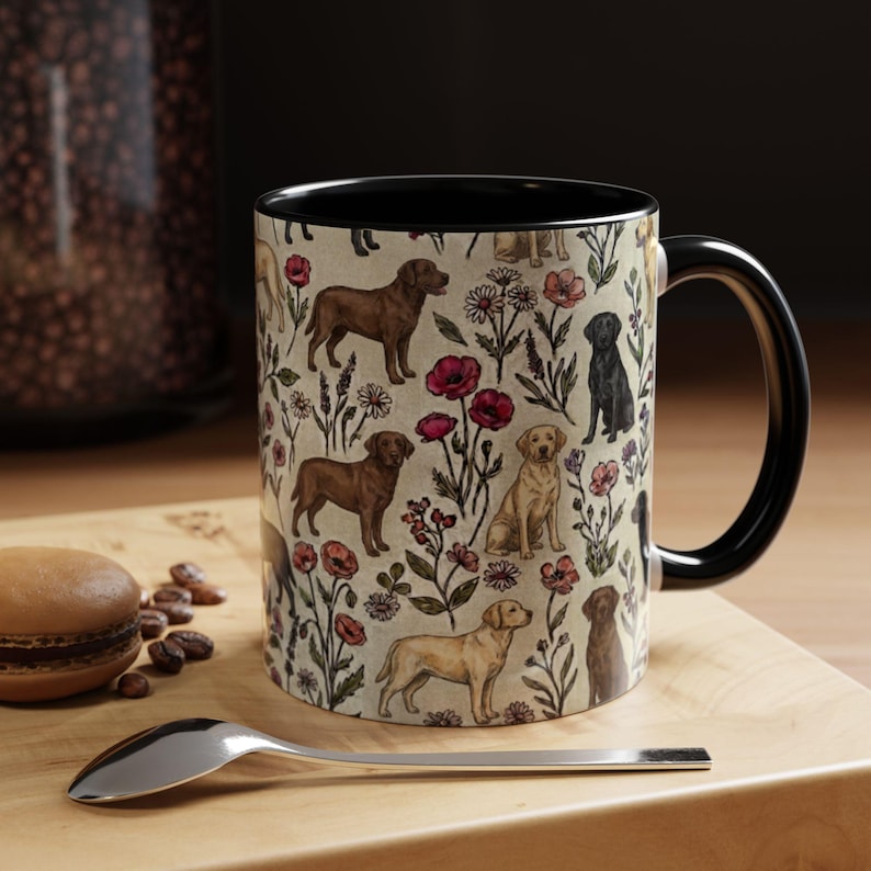 Labrador Retriever Floral Accent Coffee Mug, 11oz & 15oz, Yellow, black and chocolate Lab Tea Cup Gift image 2