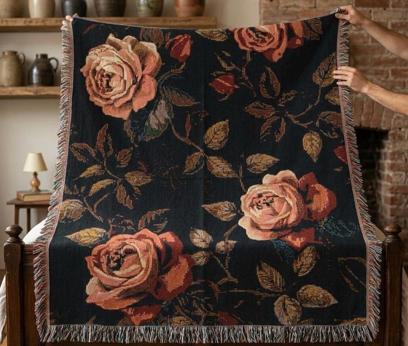 Vintage Dark Floral Woven Blanket, Gothic Rose Throw, Cottagecore Tapestry Blanket, Moody Botanical Decor, Boho Floral Couch Throw