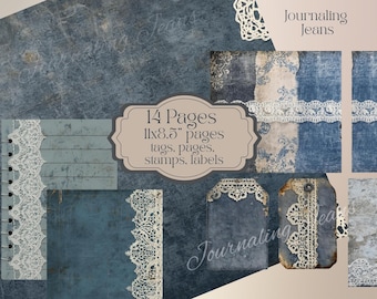 デニム＆レース ジャンクジャーナルキット：ヴィンテージのエフェメラ、タグ、ラベル（デジタルダウンロード）