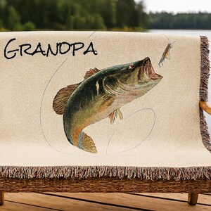 Bass Fish Fly Fishing Blanket Woven Blanket | 100% Cotton Fishing Throw Gift for Grandpa, husband, dad