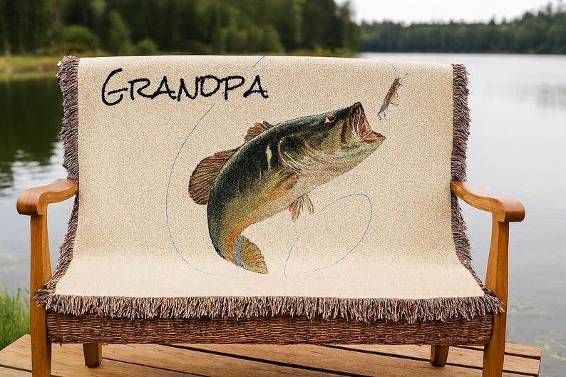 Bass Fish Fly Fishing Blanket Woven Blanket | 100% Cotton Fishing Throw Gift for Grandpa, husband, dad