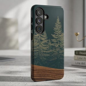 Modern Rustic Evergreen Phone Case, Samsung S26 Dark Teal Forest Cover Gift, Faux Wood Grain iPhone 17 16 15 14, Samsung Galaxy S25  S24 S23
