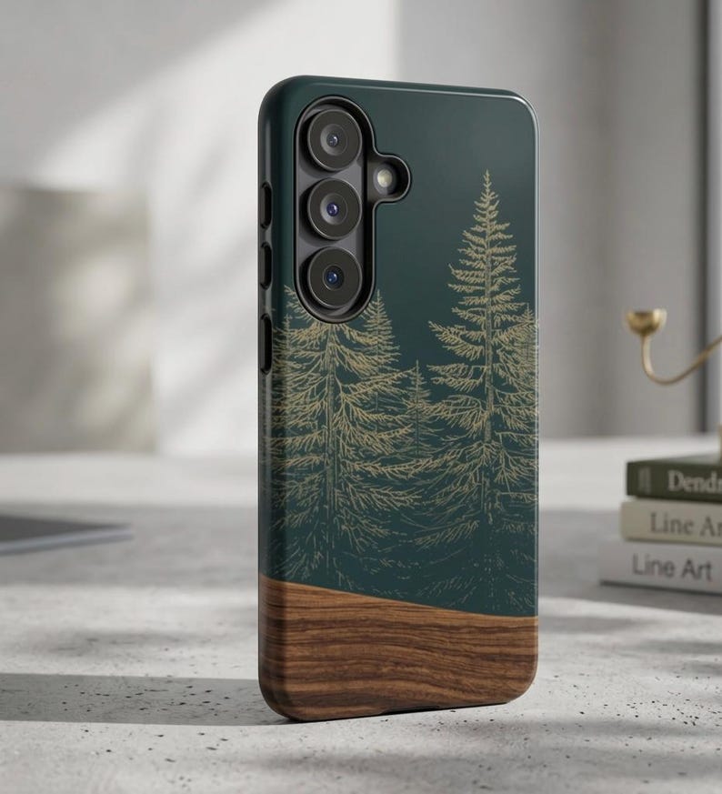 Modern Rustic Evergreen Phone Case, Samsung S26 Dark Teal Forest Cover Gift, Faux Wood Grain iPhone 17 16 15 14, Samsung Galaxy S25  S24 S23