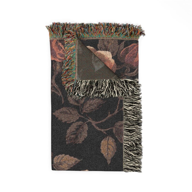 Vintage Dark Floral Woven Blanket, Gothic Rose Throw, Cottagecore Tapestry Blanket, Moody Botanical Decor, Boho Floral Couch Throw