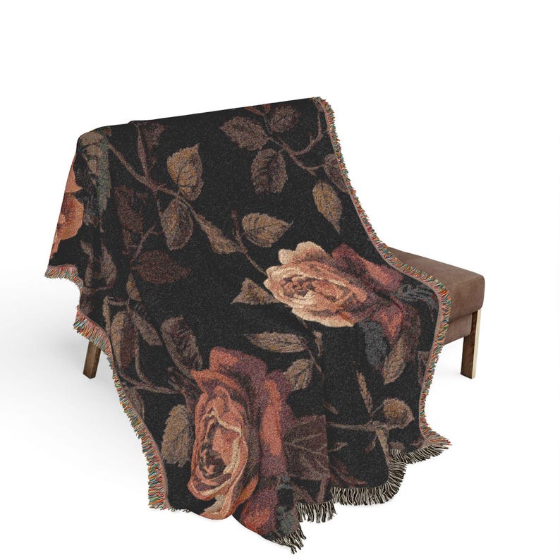 Vintage Dark Floral Woven Blanket, Gothic Rose Throw, Cottagecore Tapestry Blanket, Moody Botanical Decor, Boho Floral Couch Throw