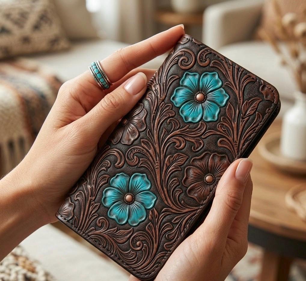 Tooled Style Faux Phone Case With Turquoise Flowers, Western