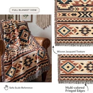 Southwestern Woven Throw Blanket, Aztec Geometric Fringe Blanket, Boho Western Couch Throw, Rustic Cabin Decor, Earth Tone Housewarming Gift