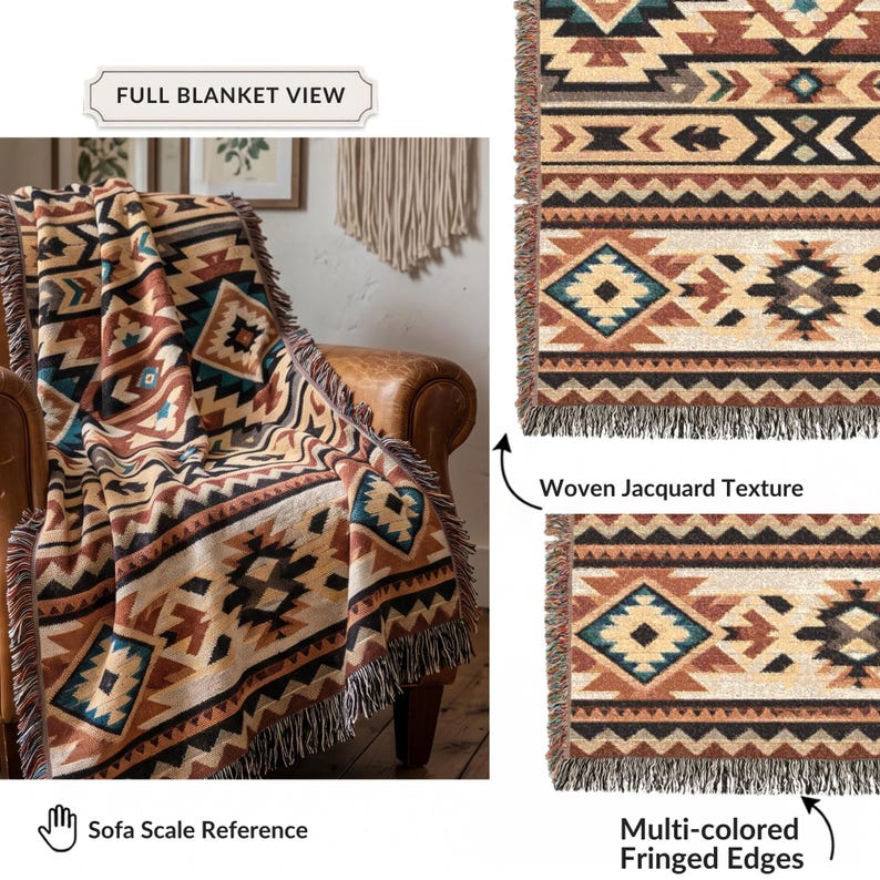 Southwestern Woven Throw Blanket, Aztec Geometric Fringe Blanket, Boho Western Couch Throw, Rustic Cabin Decor, Earth Tone Housewarming Gift