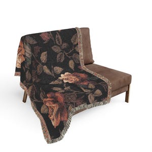 Vintage Dark Floral Woven Blanket, Gothic Rose Throw, Cottagecore Tapestry Blanket, Moody Botanical Decor, Boho Floral Couch Throw