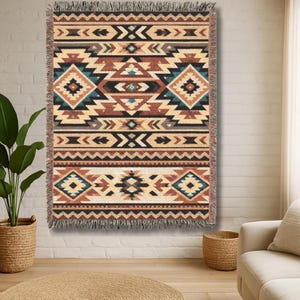 Southwestern Woven Throw Blanket, Aztec Geometric Fringe Blanket, Boho Western Couch Throw, Rustic Cabin Decor, Earth Tone Housewarming Gift