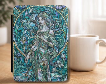 Personalized Stained Glass Kindle Case, Art Nouveau Reader Cover, Bookish Gift, Teal Floral Kindle Paperwhite Cover, Kindle Paperwhite 7"