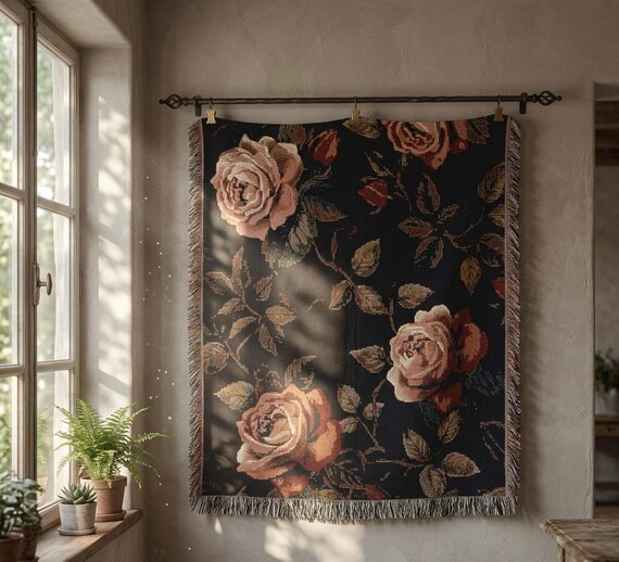 Moody Dark Floral Woven Blanket, Gothic Rose Throw, Cottagecore Tapestry Blanket, Moody Botanical Decor, Boho Floral Couch Throw Gift