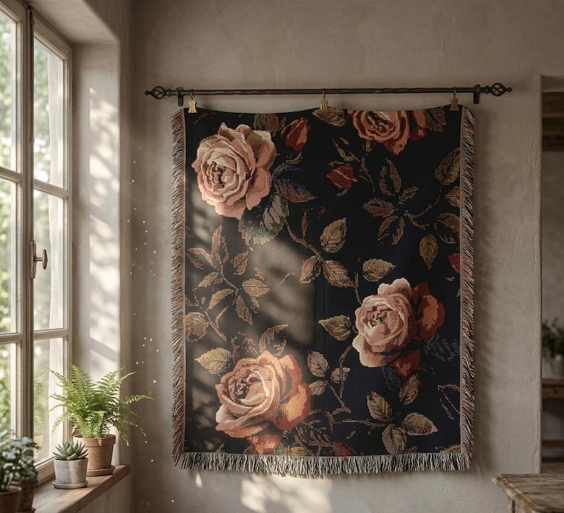 Vintage Dark Floral Woven Blanket, Gothic Rose Throw, Cottagecore Tapestry Blanket, Moody Botanical Decor, Boho Floral Couch Throw