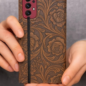 Tooled Floral Faux Leather Phone Wallet Case, Western Style iPhone 16 15 14 Pro Max, Samsung Galaxy S25 S24
