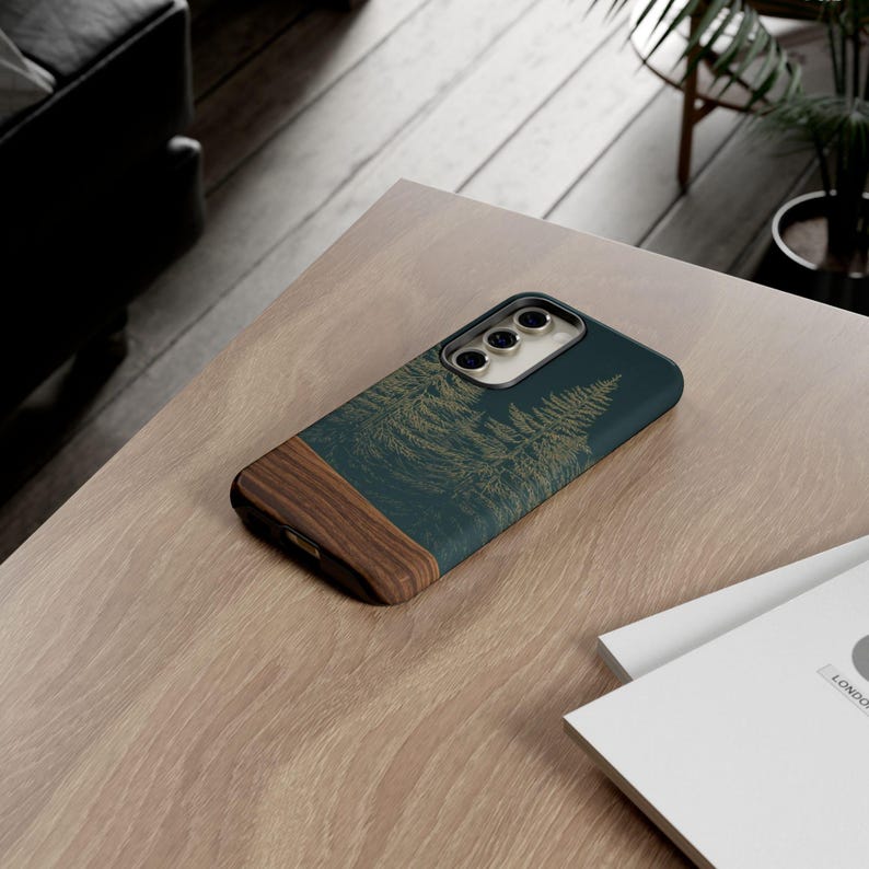Modern Rustic Evergreen Wooden Phone Case, Samsung S26 Forest Cover Gift, Faux Wood Grain iPhone 17 16 15 14, Samsung Galaxy S25 S24 S23 image 5